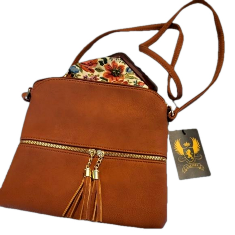 Calista Rich Medium Brown Faux Leather Crossbody Bag, NEW